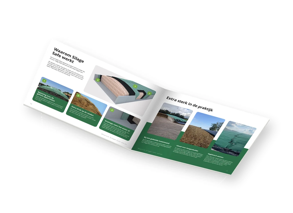 Opengeslagen brochure van Silage Safe met de pagina ‘Zo werkt Silage Safe’