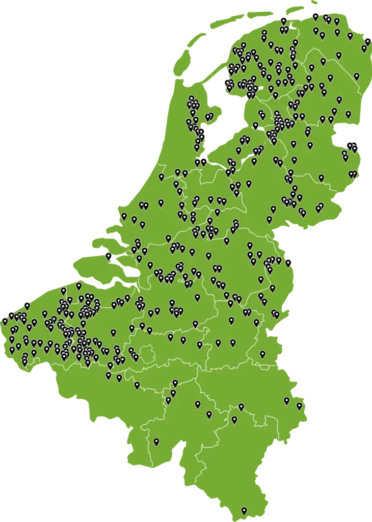 Kaart van Nederland en België met de melkveehouders die Silage Safe gebruiken